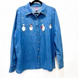 Novelty Blue Denim long sleeve Shirt with‎ snowman embroidered. XL